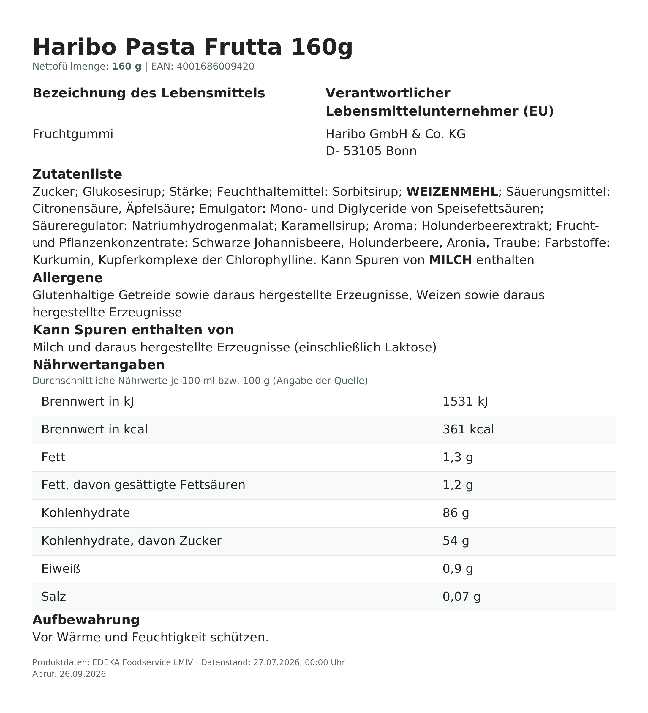 Produktinformationen – Haribo Pasta Frutta 160g
