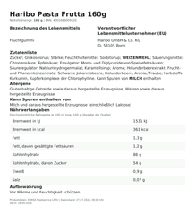 Produktinformationen – Haribo Pasta Frutta 160g