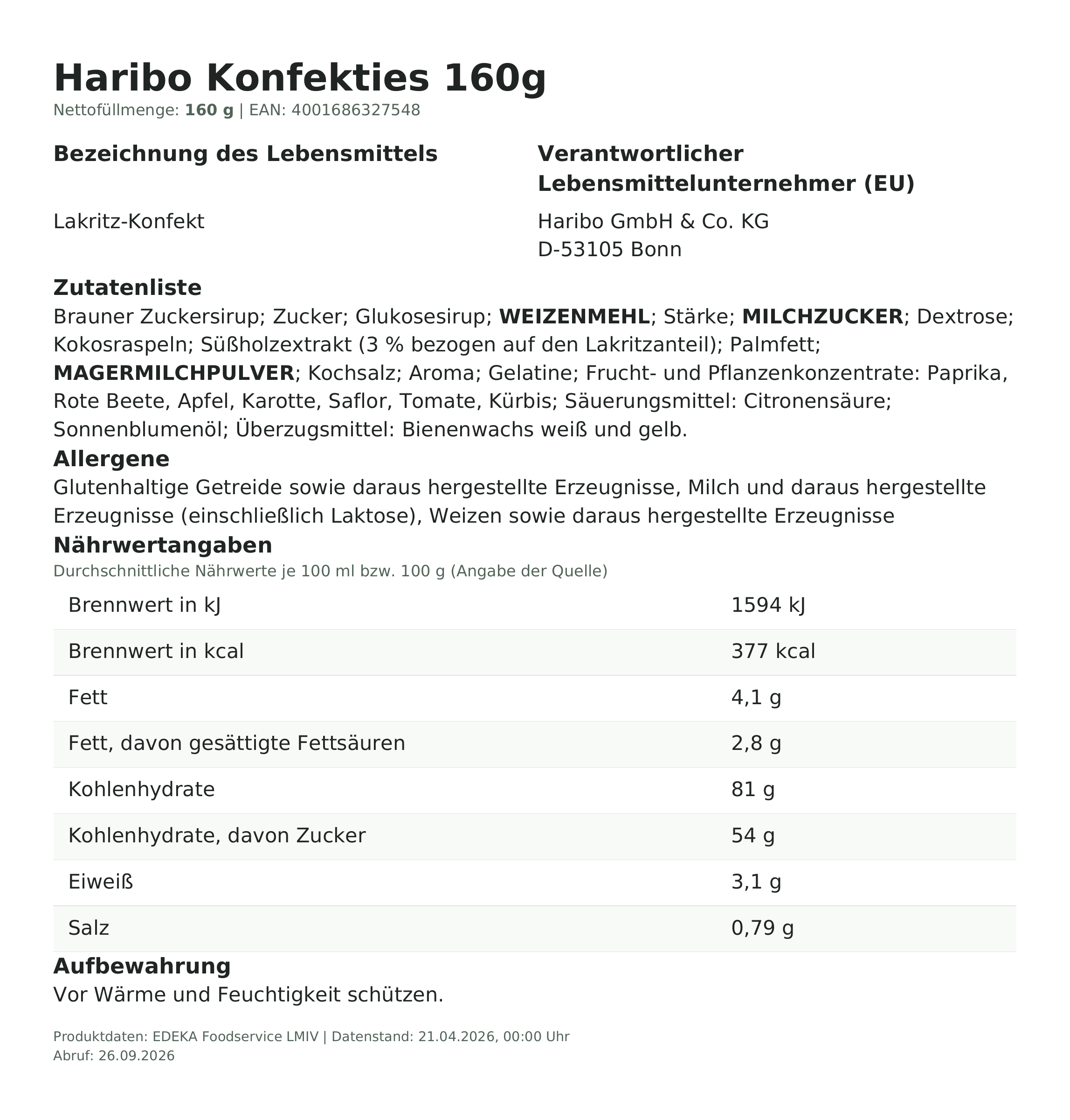 Lebensmittelinformationen: Haribo 160g Konfekties