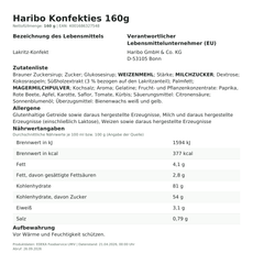 Lebensmittelinformationen: Haribo 160g Konfekties