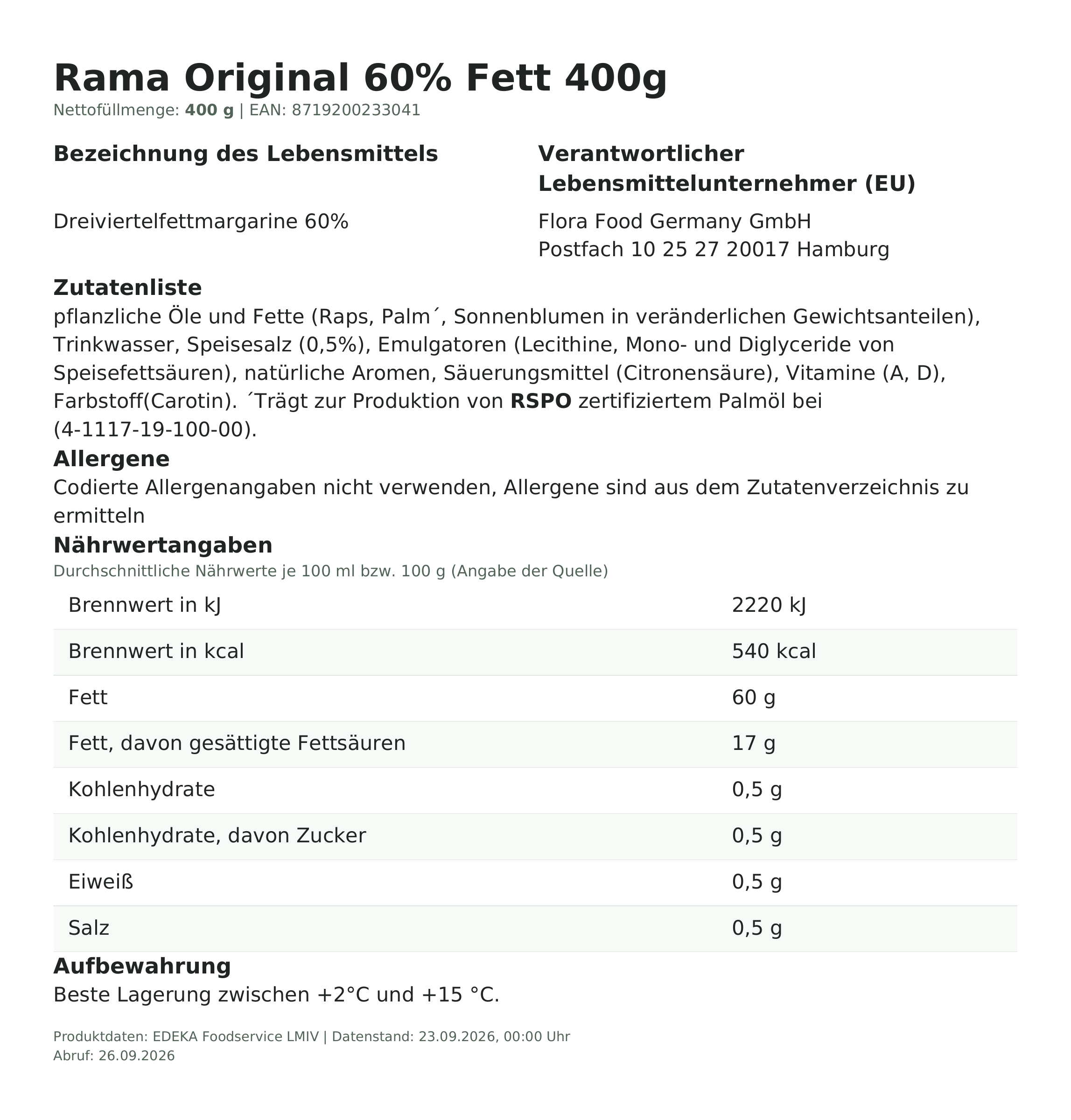 Produktinformationen – Rama Original 60% Fett 400g