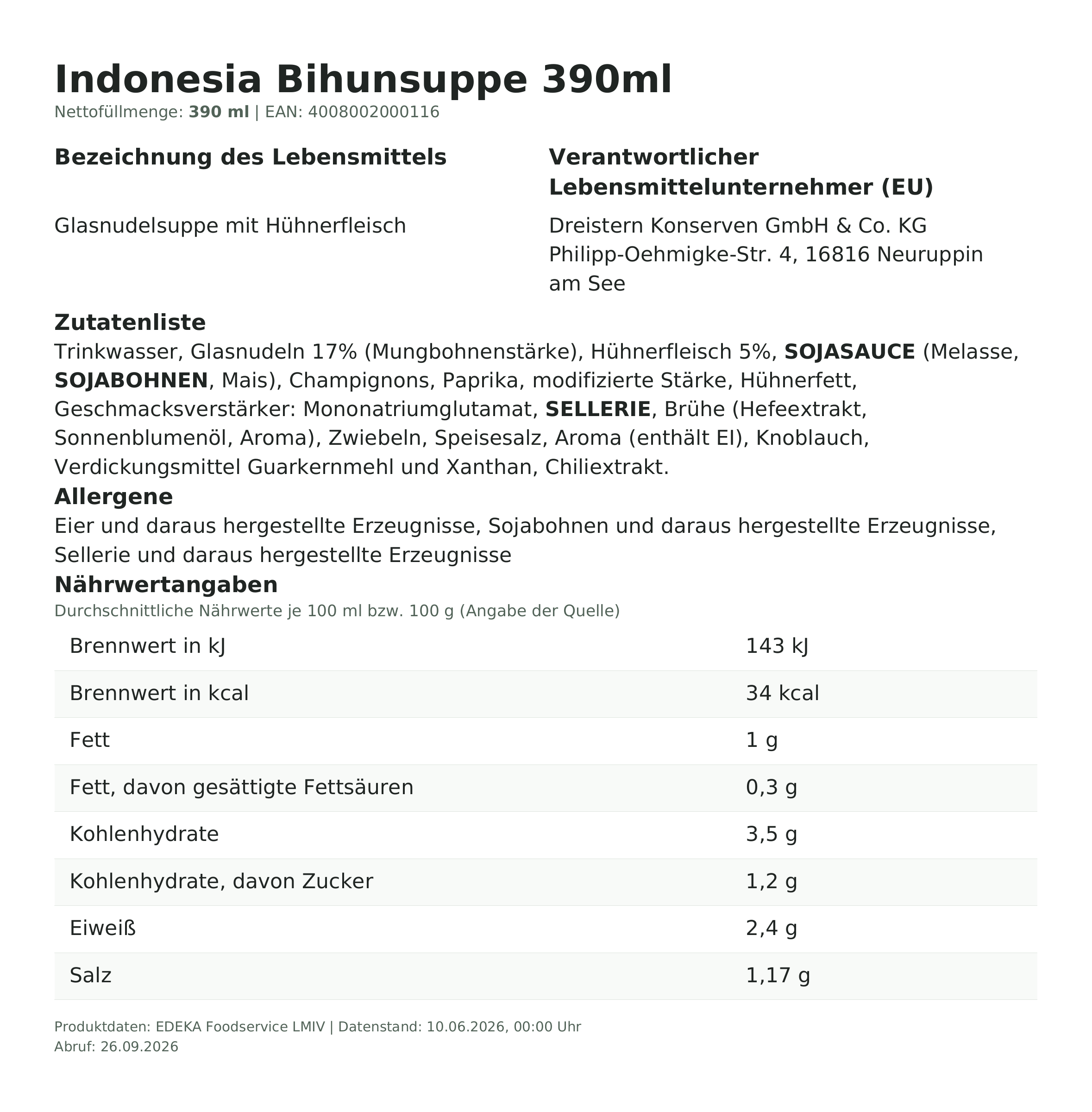 Lebensmittelinformationen: Indonesia Bihunsuppe 390ml
