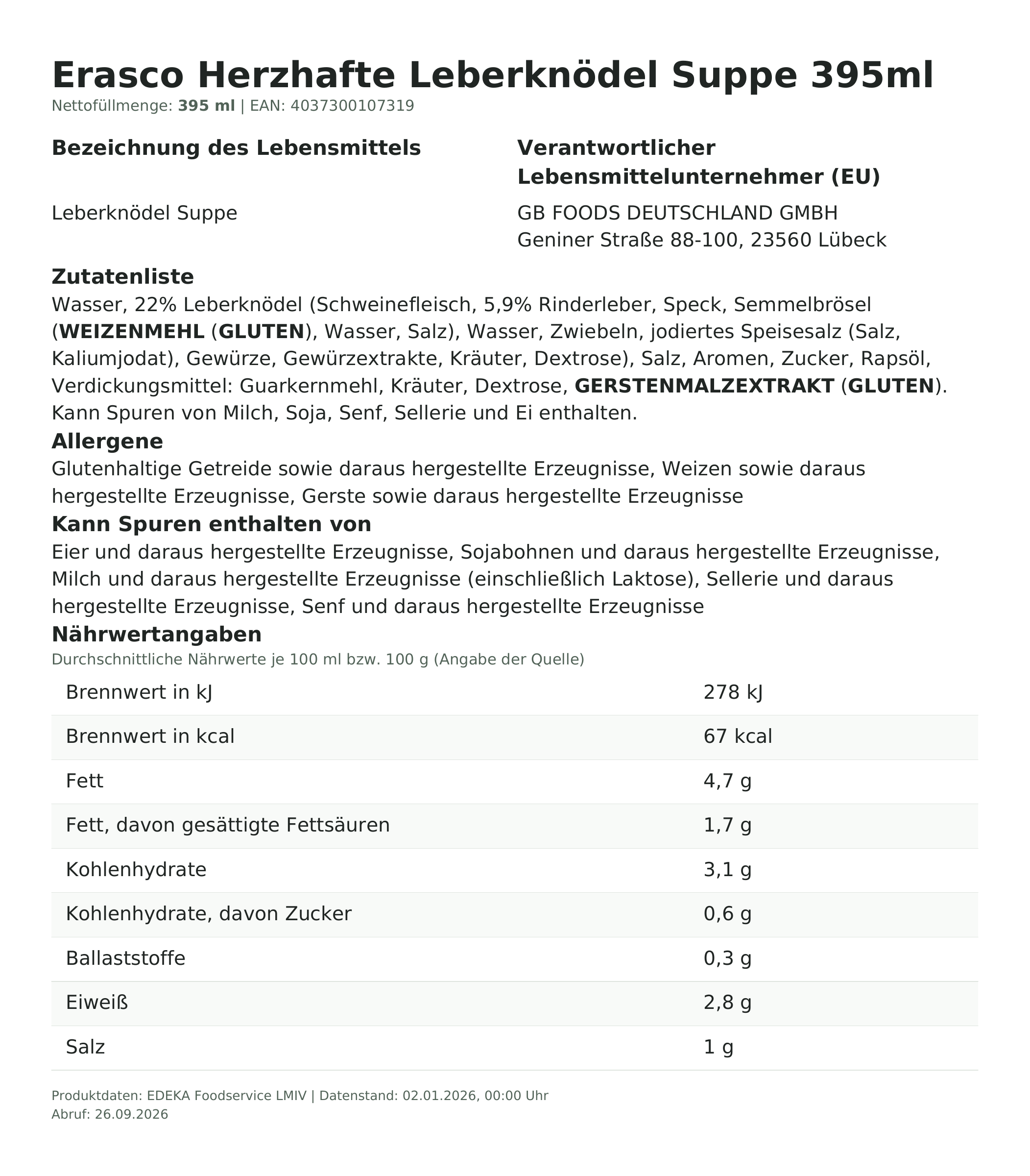 Erasco Herzhafte Leberknödel Suppe 395ml – Lebensmittelangaben