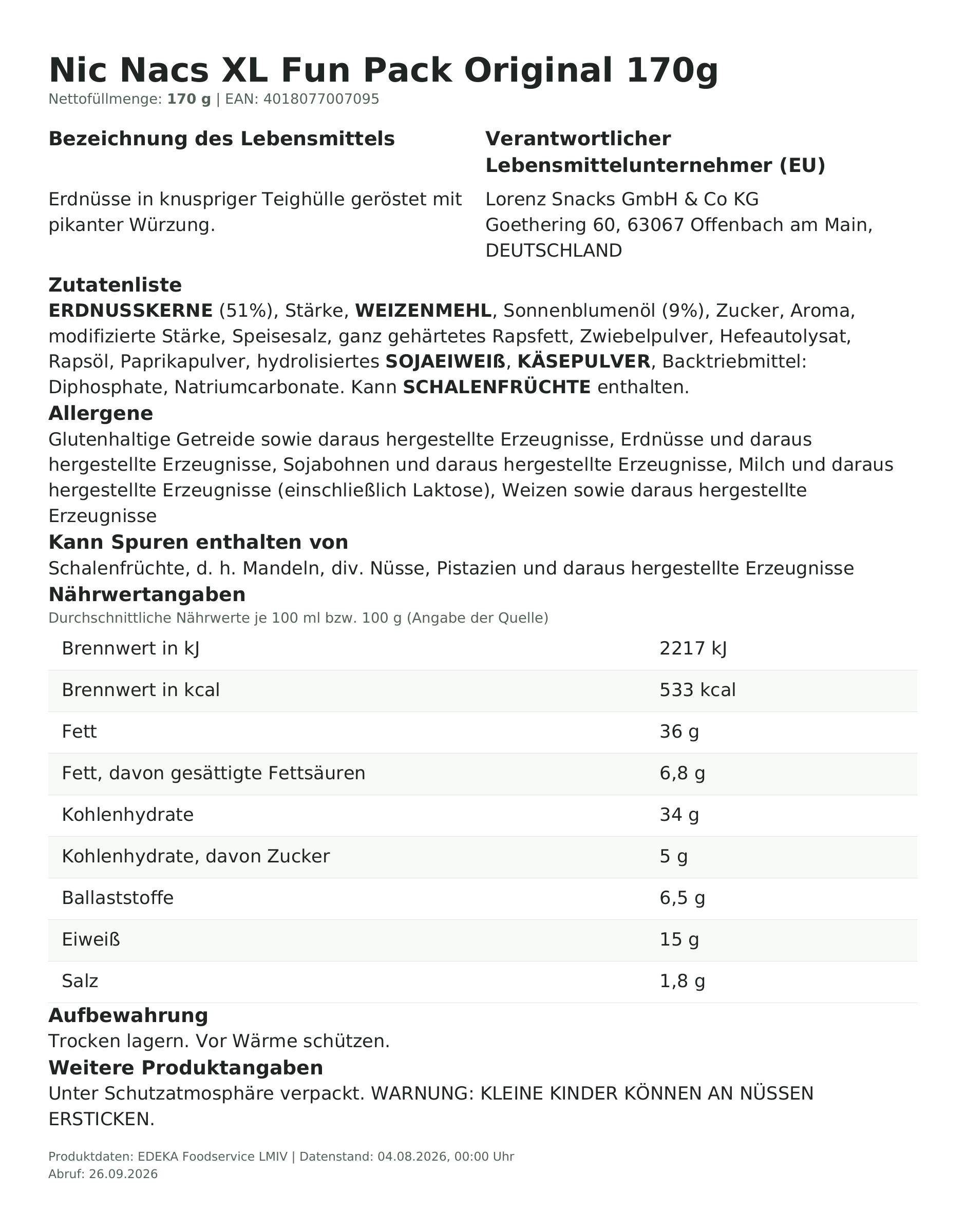 Lebensmittelinformationen: Nic Nacs XL Fun Pack Orig. 170g
