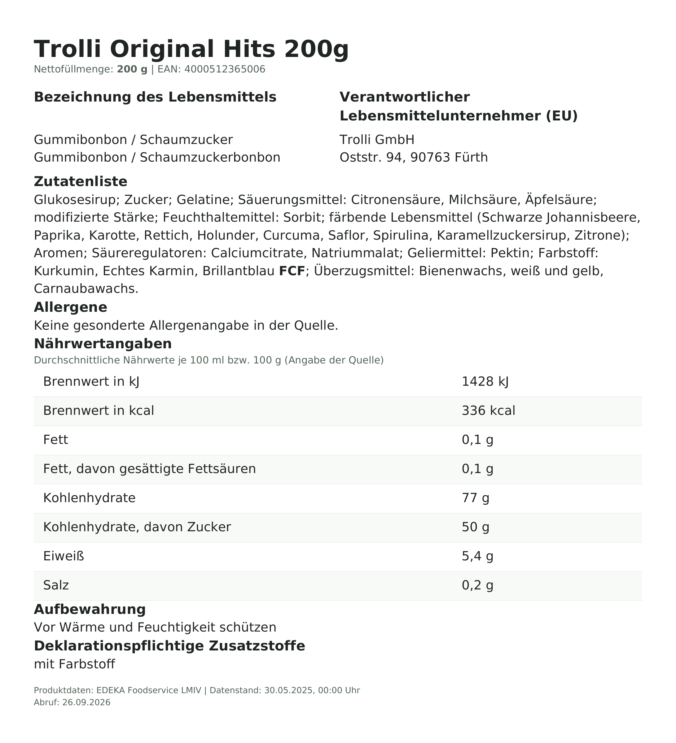 Trolli Original Hits 200g – Lebensmittelangaben