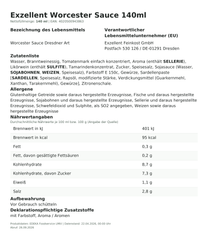 Exzellent Worcester Sauce 140ml – Lebensmittelangaben