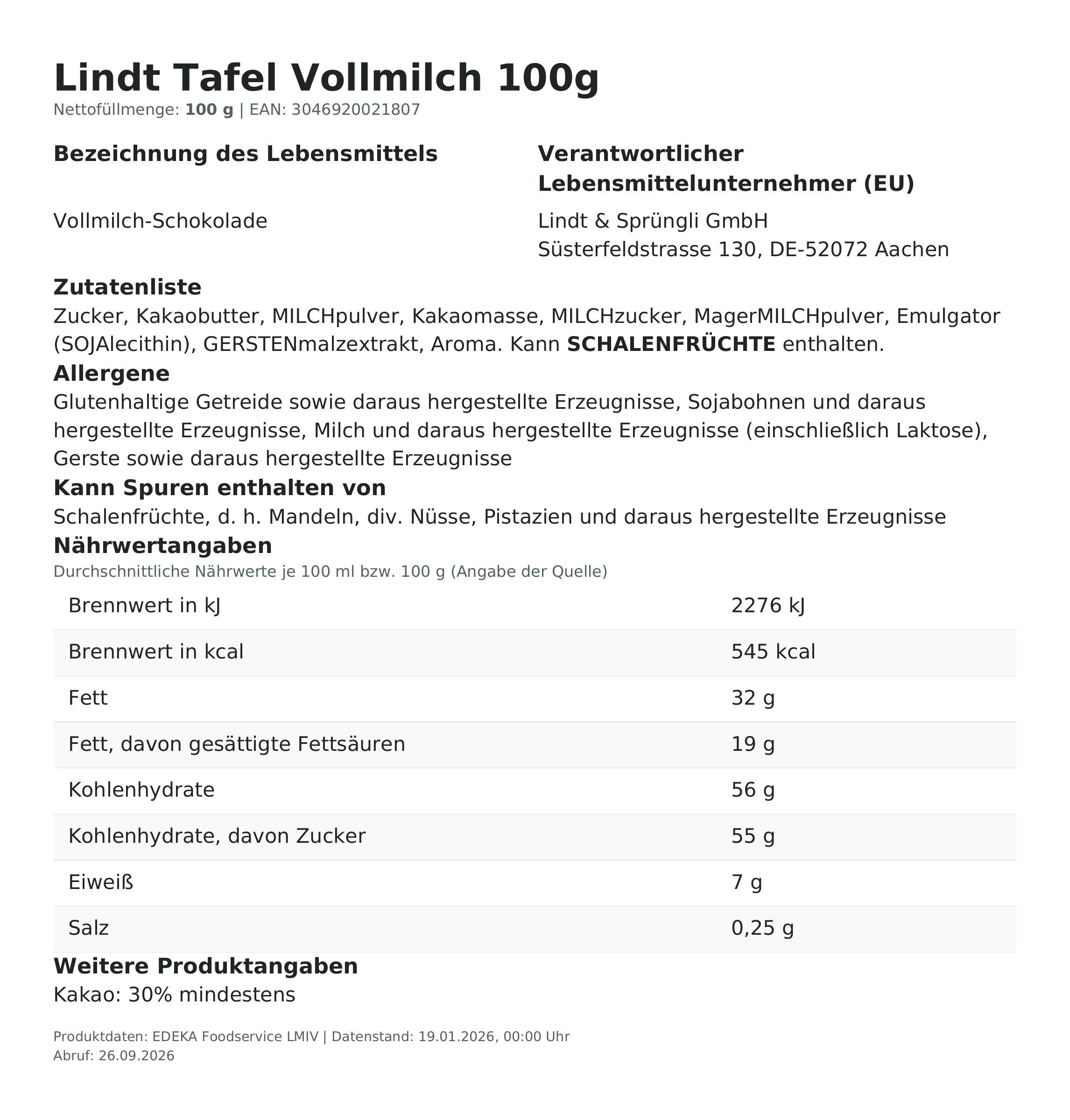 Lebensmittelinformationen: Lindt Maitre Chocolatier Vollmilch Tafel 100g