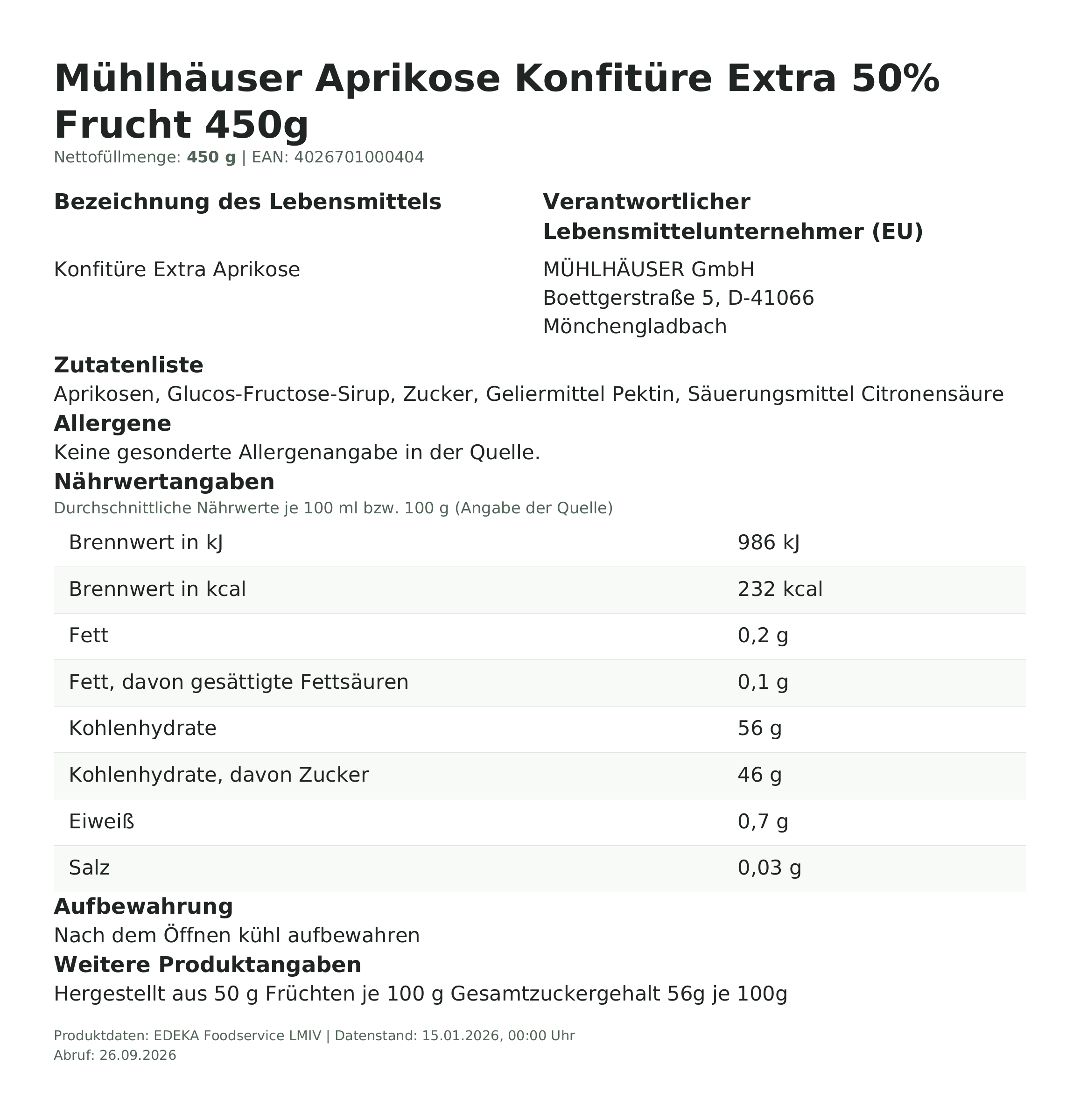 Produktinformationen – Mühlhäuser Aprikose Konfitüre Extra 50% Frucht 450g