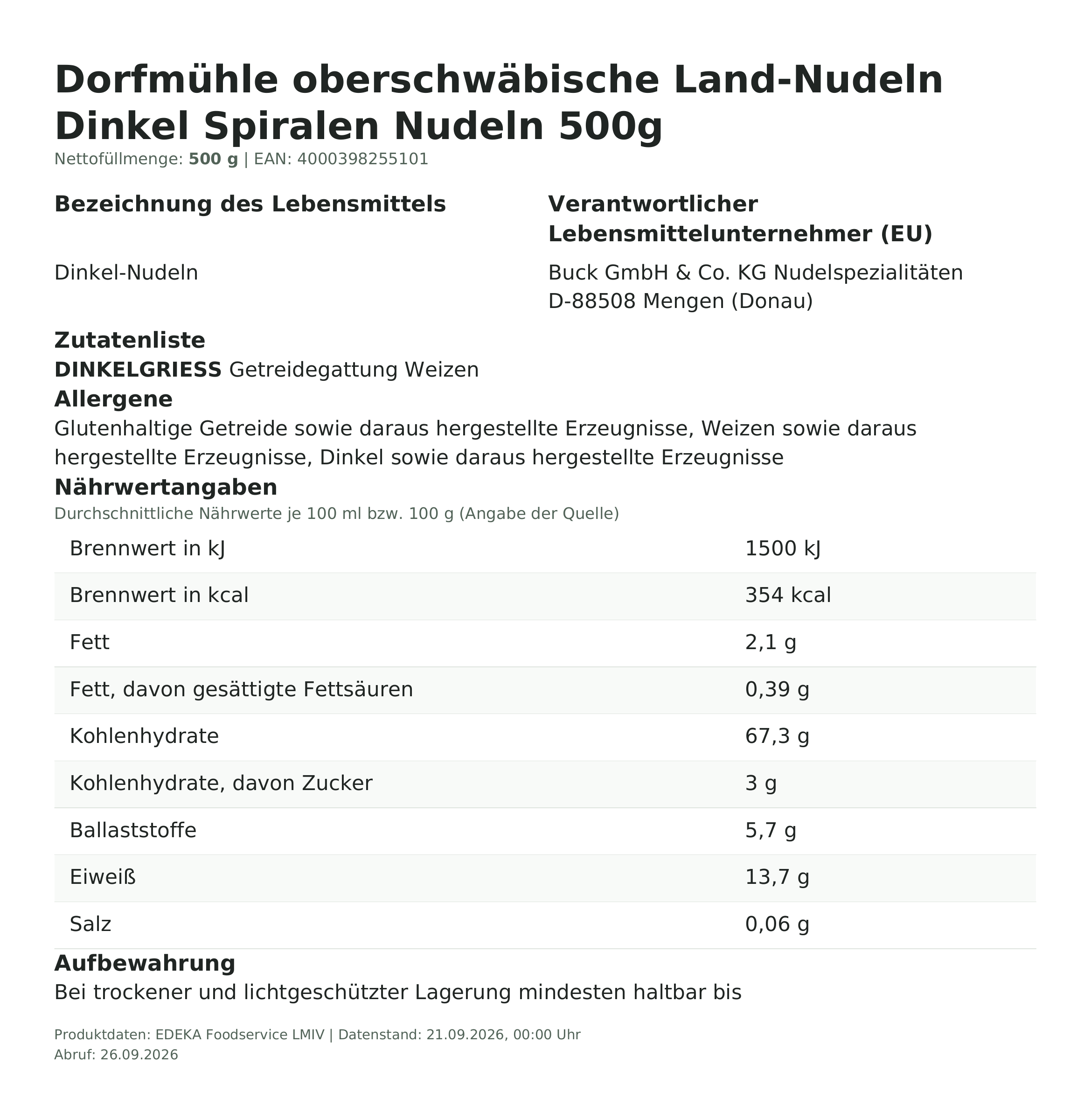 Produktinformationen – Dorfmühle oberschwäbische Land-Nudeln Dinkel Spiralen Nudeln 500g