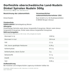 Produktbild anzeigen: Produktinformationen zum Einzelprodukt – Dorfmühle oberschwäbische Land-Nudeln Dinkel Spiralen Nudeln 500g