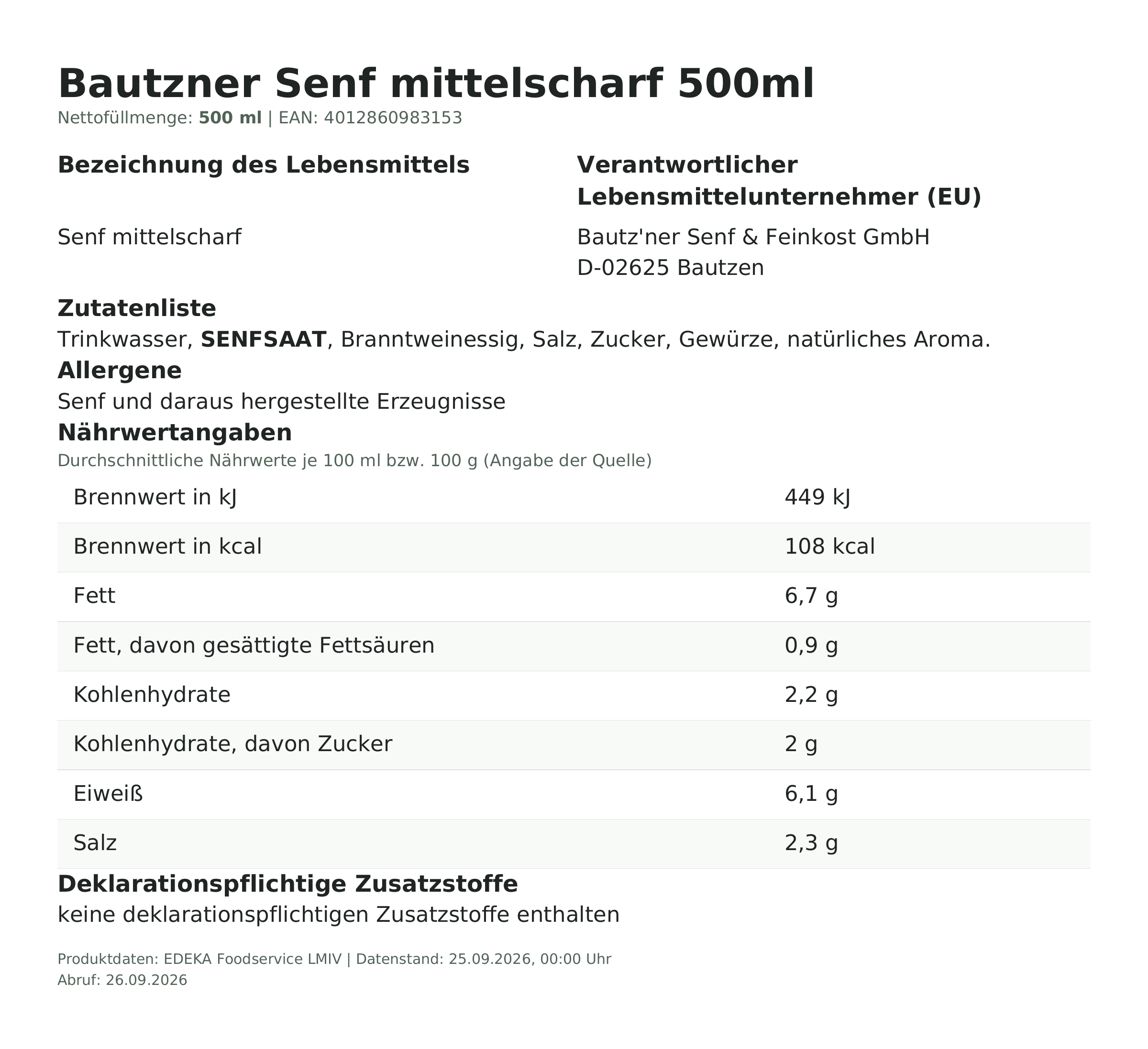 Lebensmittelinformationen: Bautz. Senf mittelscharf 500ml