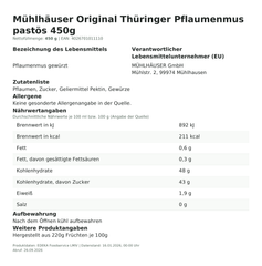 Lebensmittelinformationen: Mühlh.Thür.Pflaumenmus gewürzt 450g