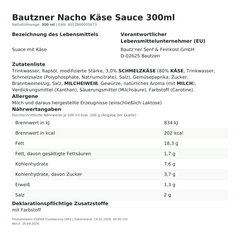 Lebensmittelinformationen: Bautzner Sn-Sauce Nacho Käse 300ml