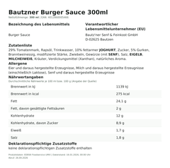 Lebensmittelinformationen: Bautzner Sn-Sauce Burger 300ml
