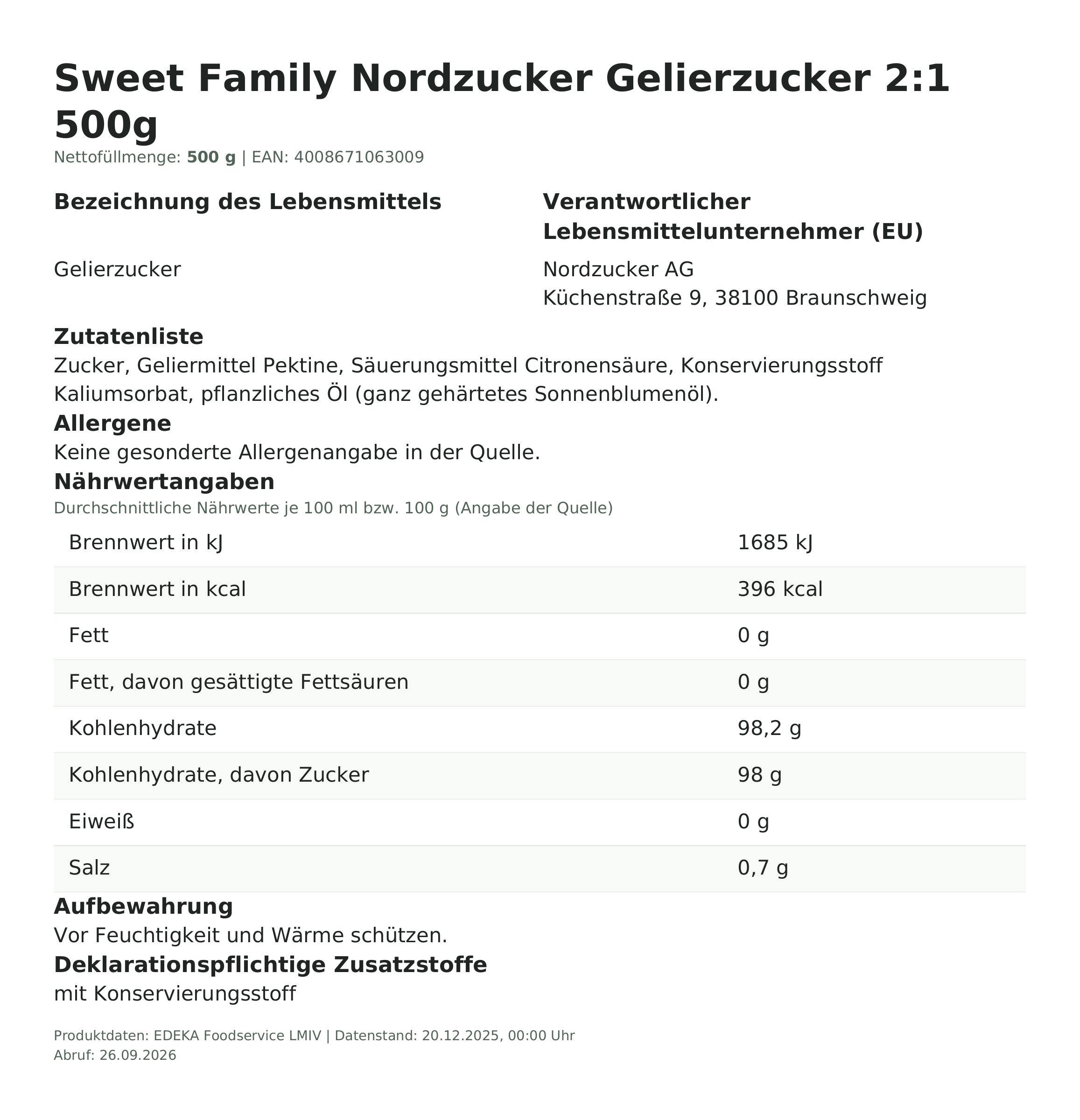 Sweet Family Nordzucker Gelierzucker 2:1 500g – Lebensmittelangaben