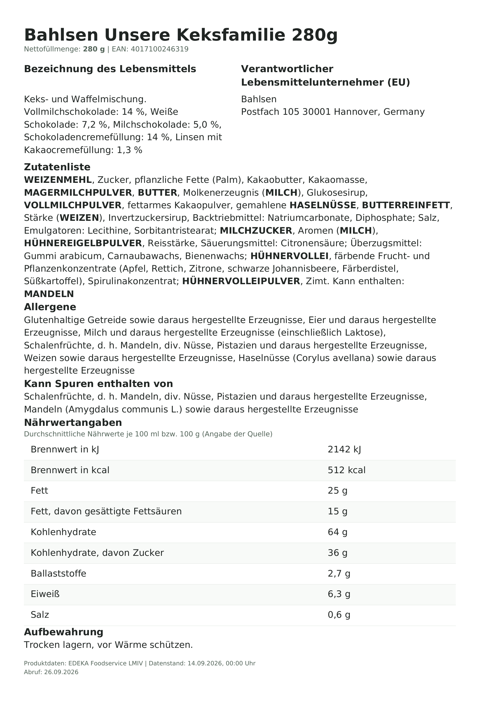 Bahlsen Unsere Keksfamilie 280g – Lebensmittelangaben