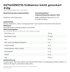 Lebensmittelinformationen: G&G Erdbeeren leicht gezuckert 410g