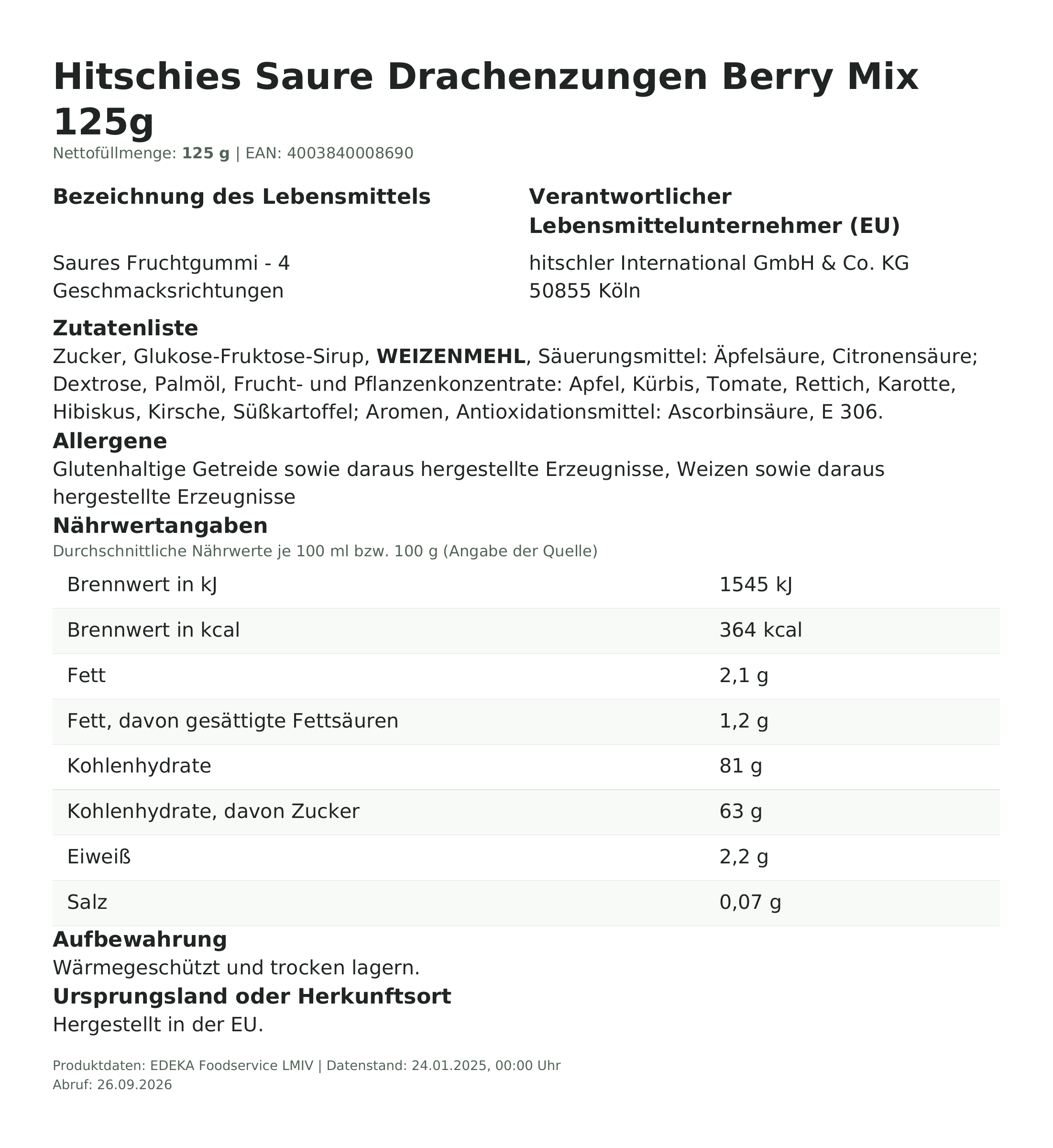 Lebensmittelinformationen: hitschies Saure Drachenzungen Berry Mix 125g