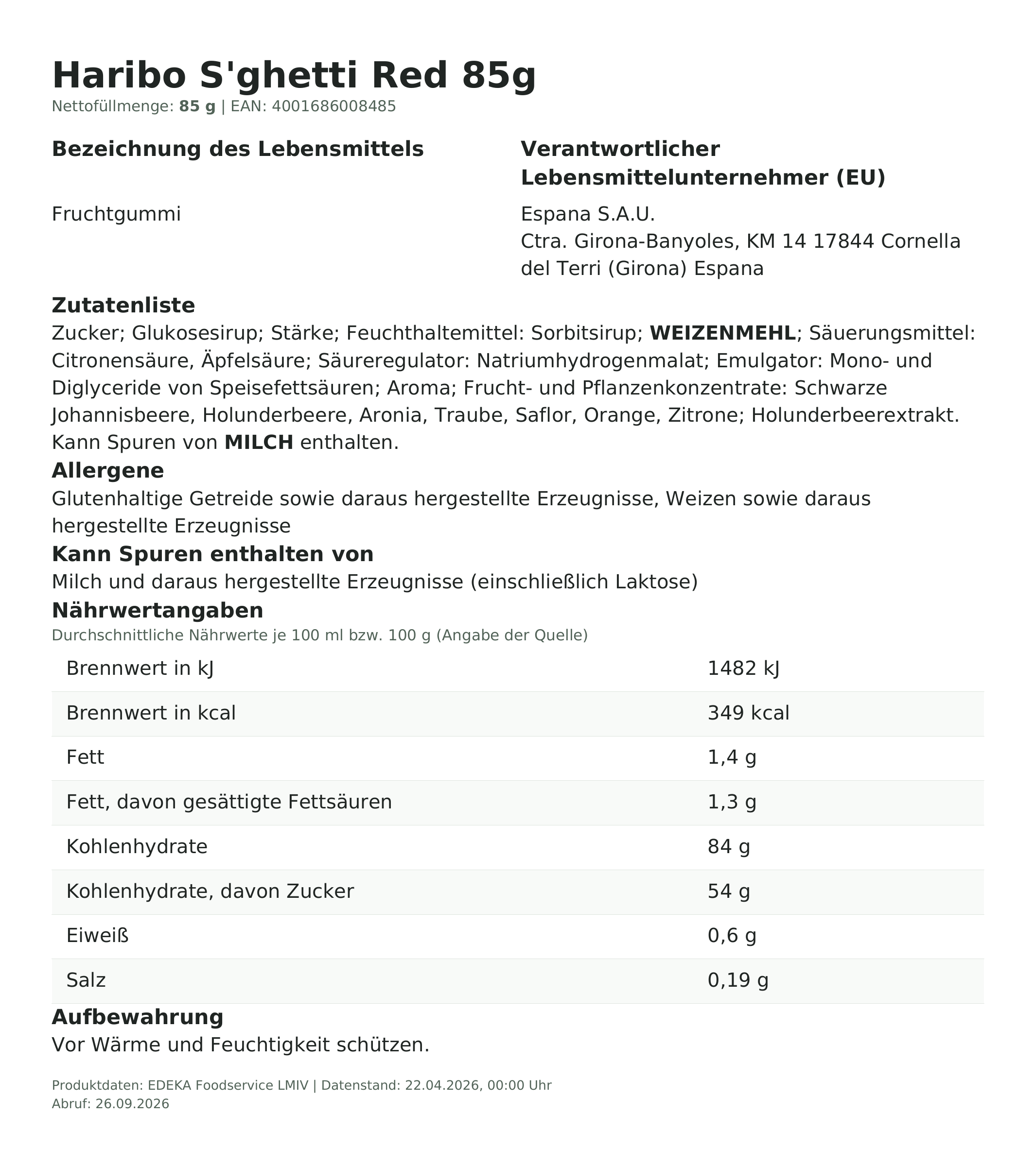 Produktinformationen – Haribo S'ghetti Red 85g