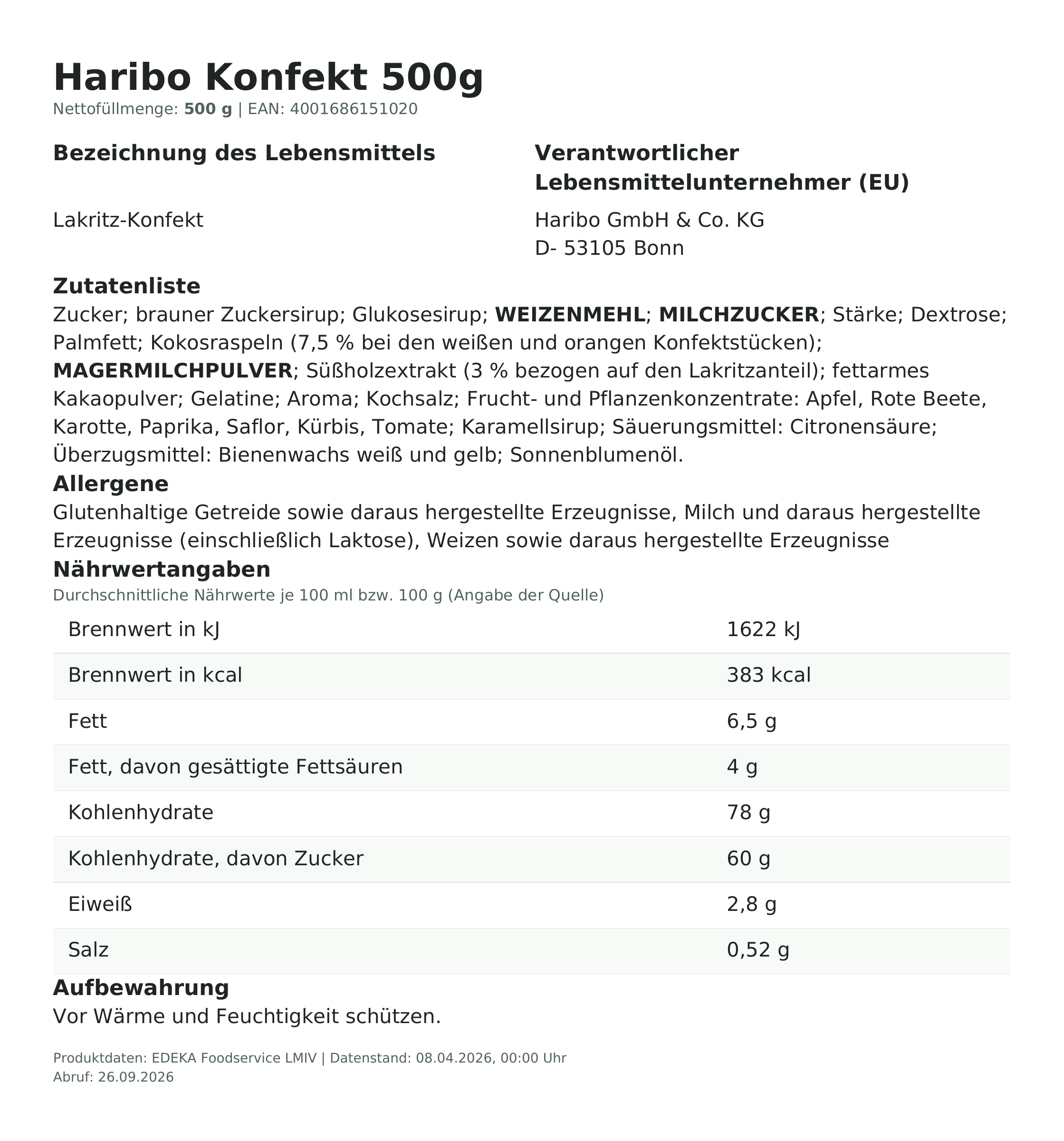 Haribo Konfekt 500g – Lebensmittelangaben