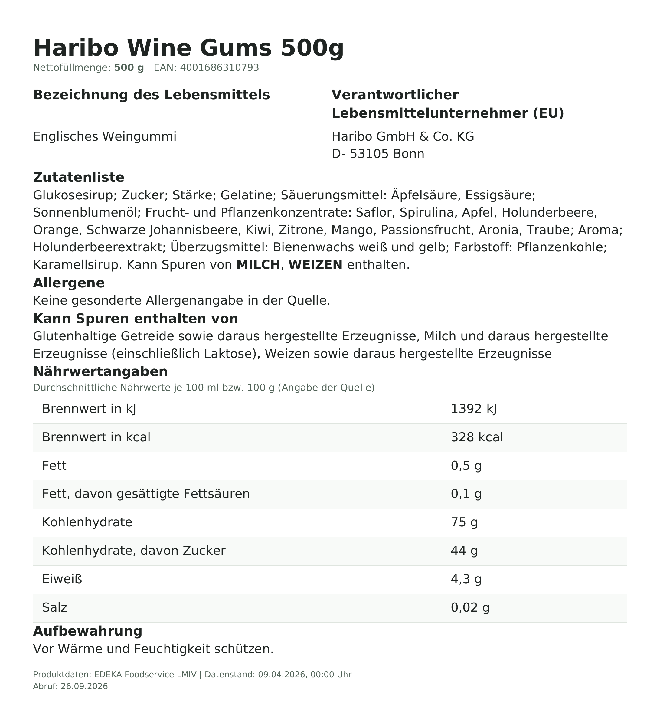 Produktinformationen – Haribo Wine Gums 500g
