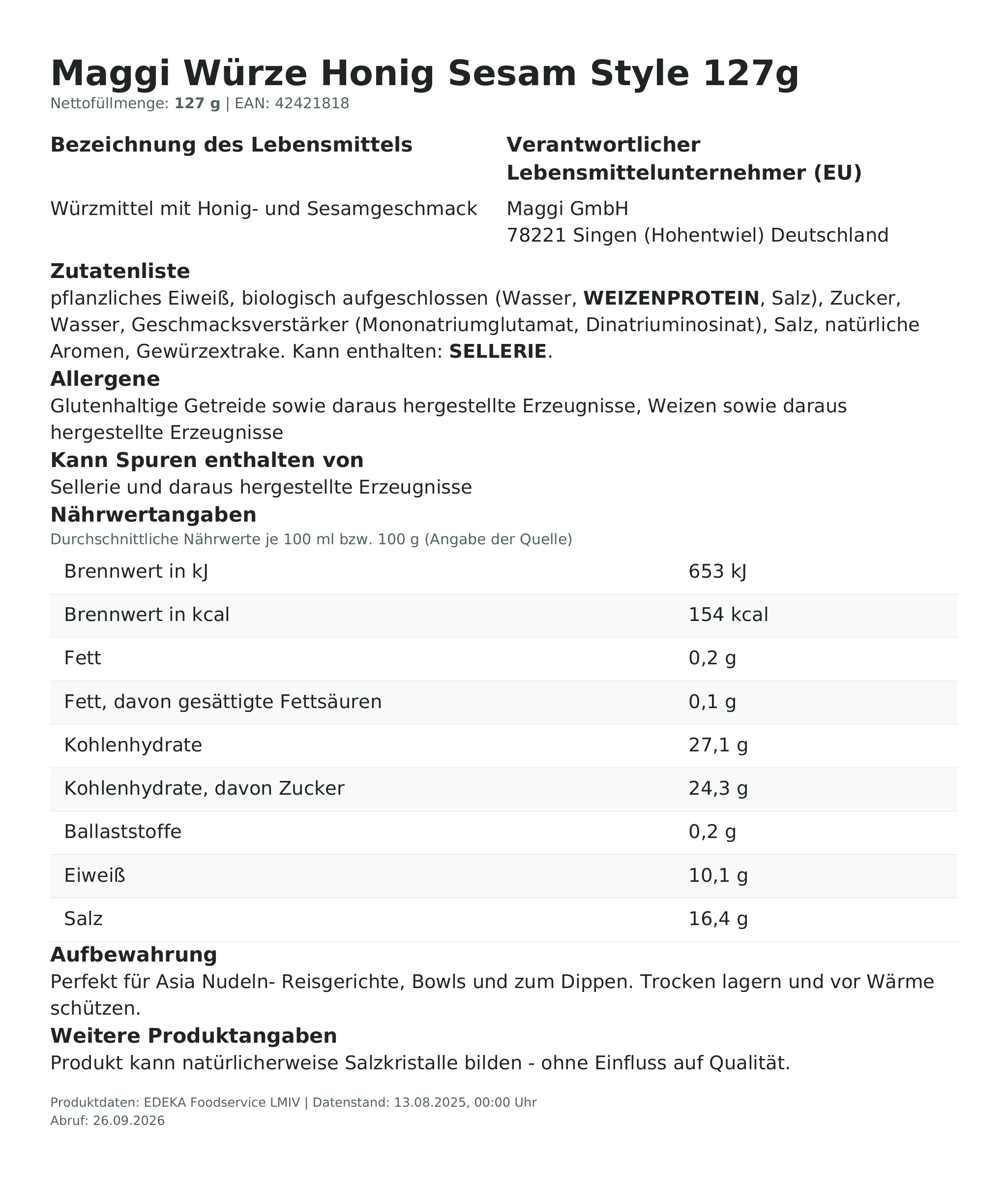 Produktinformationen – Maggi Würze Honig Sesam Style 127g