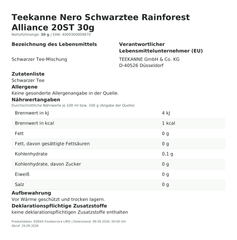 Produktinformationen – Teekanne Nero Schwarztee Rainforest Alliance 20ST 30g