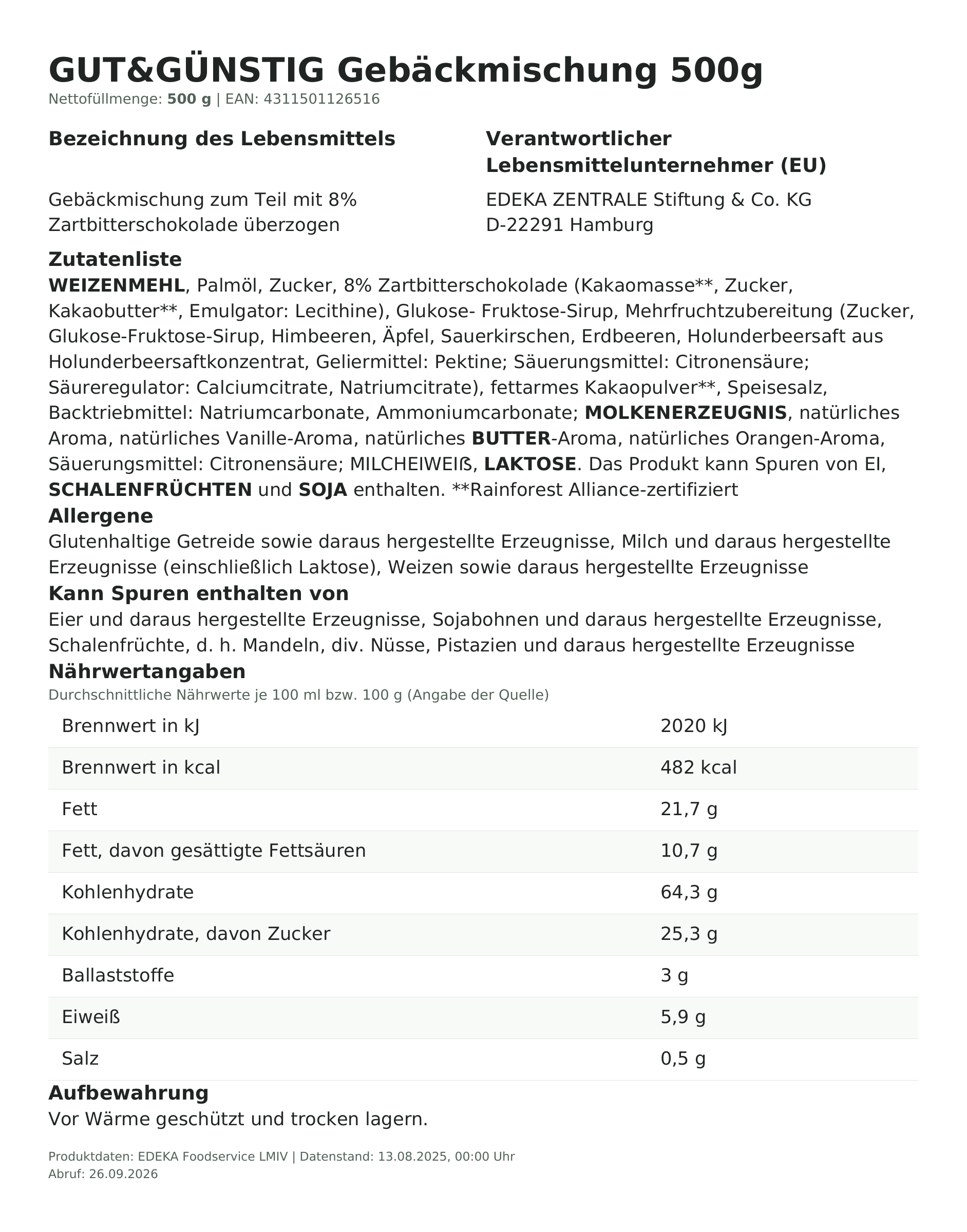 Lebensmittelinformationen: G&G Gebäckmischung 500g