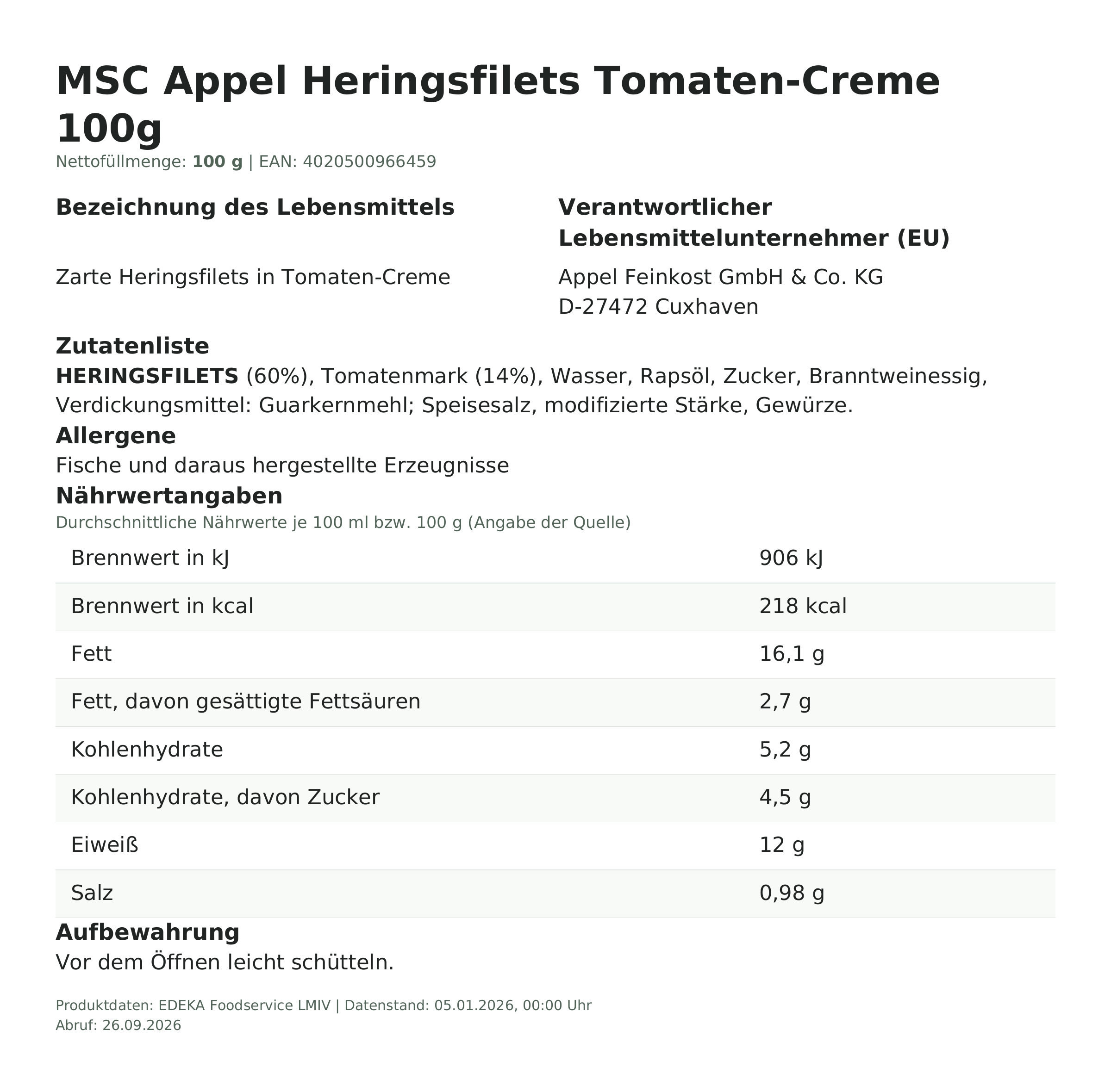 Produktinformationen – MSC Appel Heringsfilets Tomaten-Creme 100g