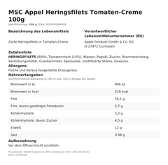 Produktinformationen – MSC Appel Heringsfilets Tomaten-Creme 100g