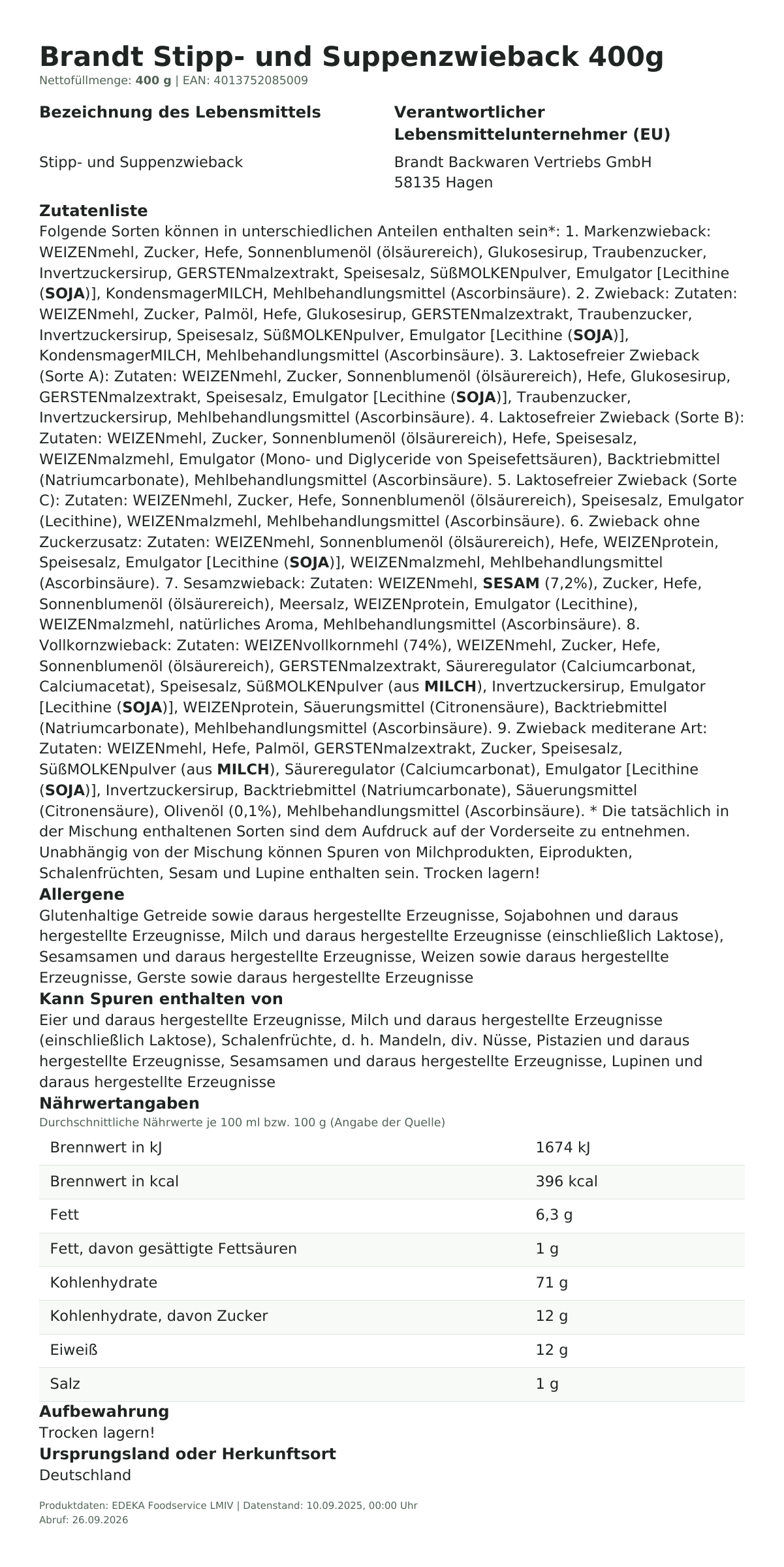 Lebensmittelinformationen: Brandt Stipp- und Suppenzwieback 400g