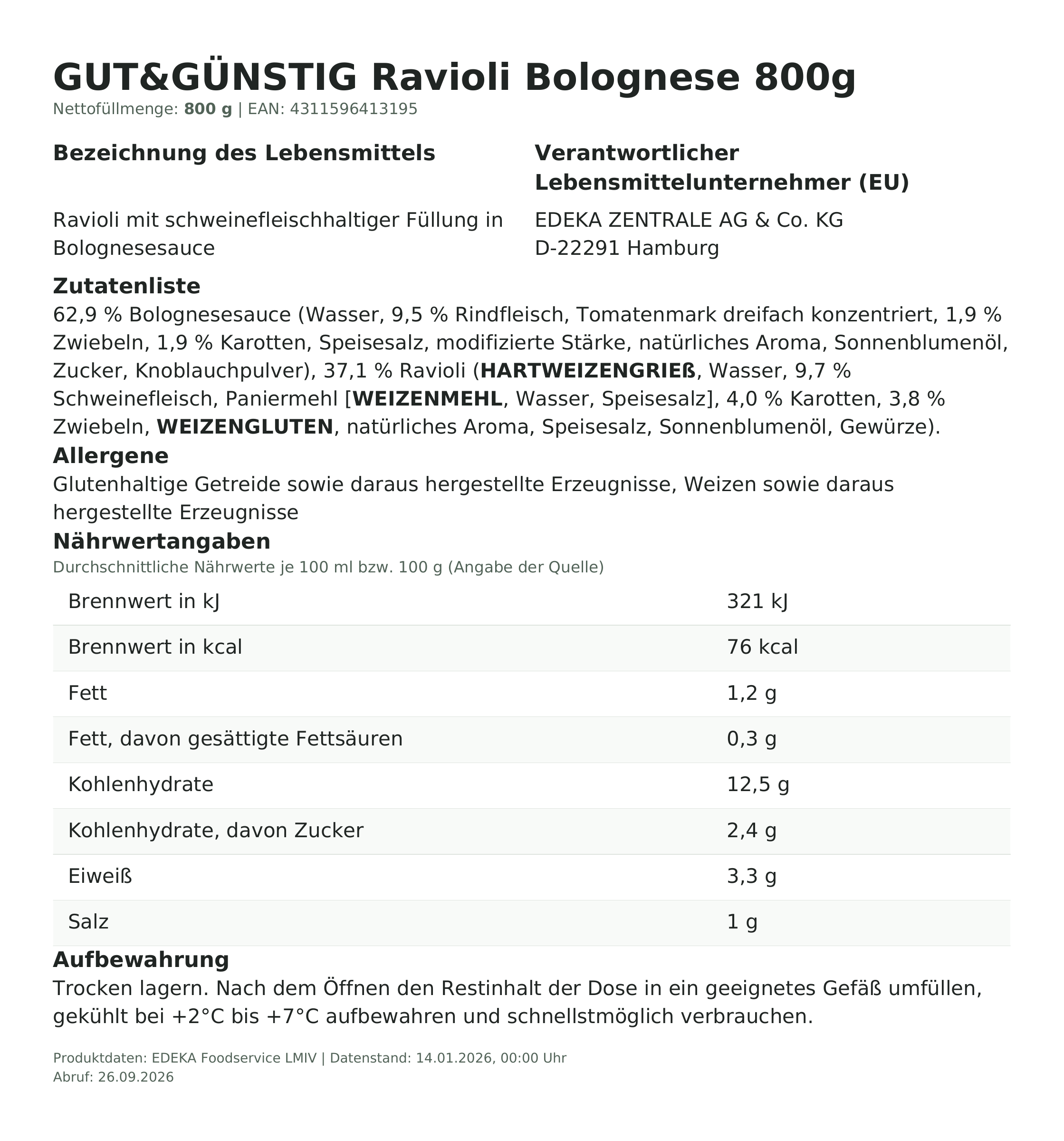 Lebensmittelinformationen: G&G Ravioli Bolognese 800g
