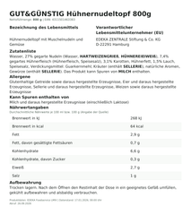 Hühnernudeltopf 800g – Lebensmittelangaben