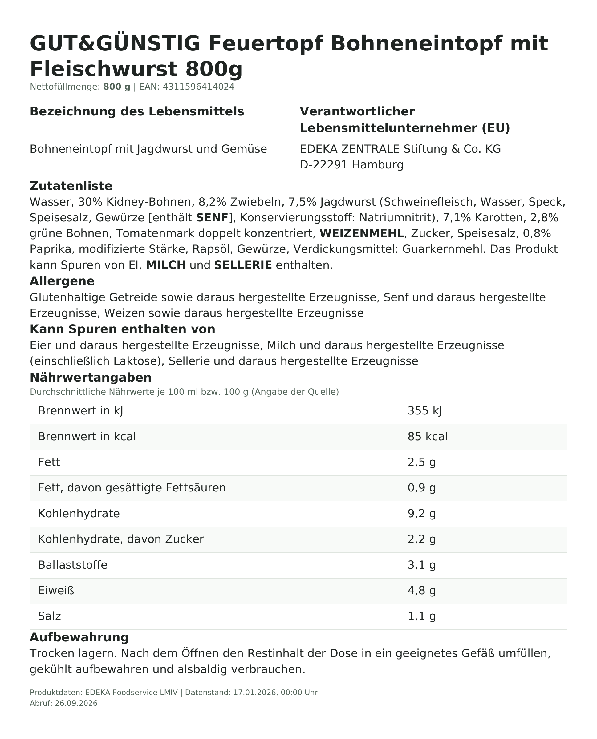 Produktinformationen – Gut&Günstig Feuertopf Bohneneintopf mit Fleischwurst 800g