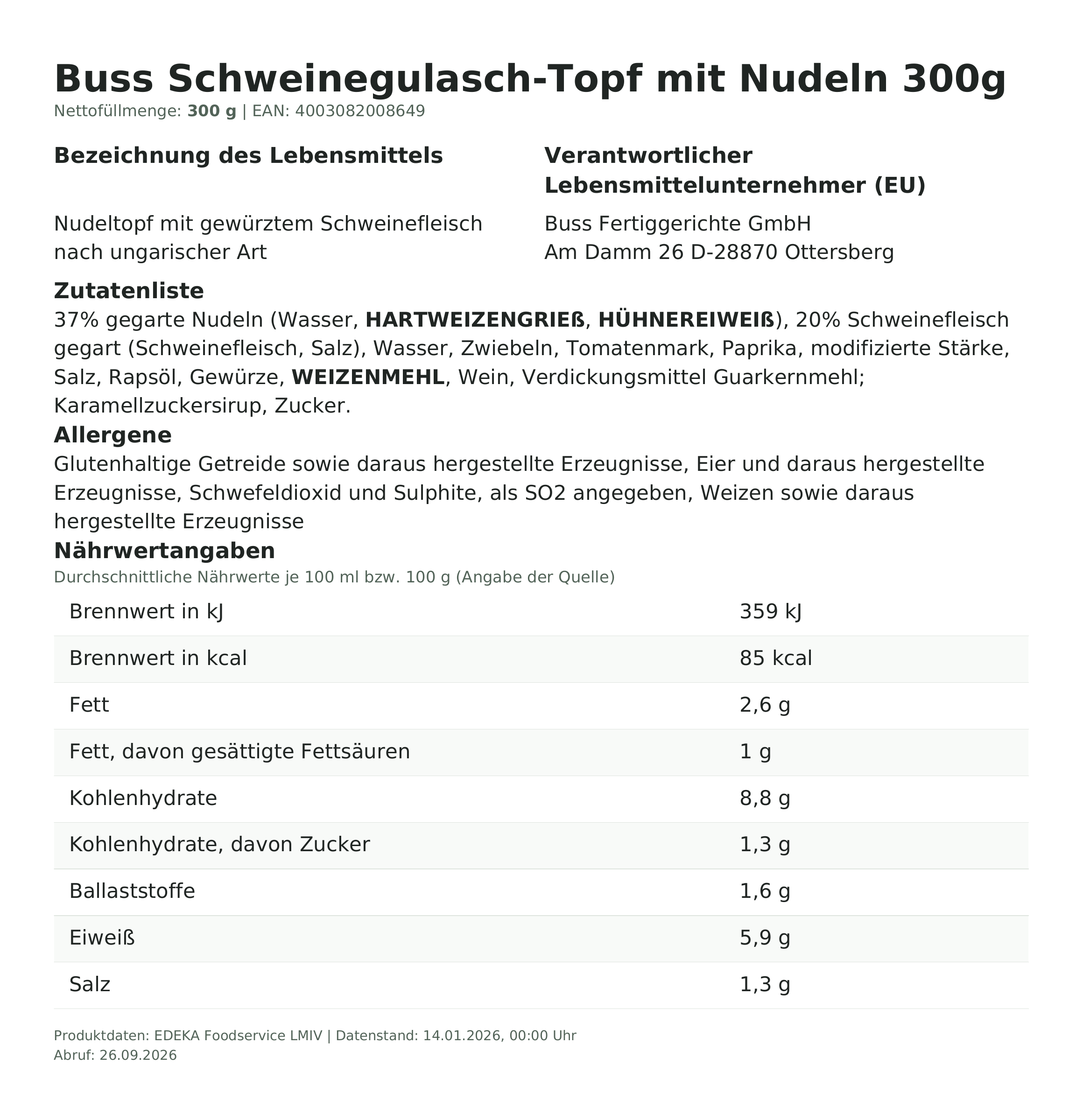 Produktinformationen – Buss Schweinegulasch-Topf mit Nudeln 300g