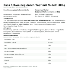 Produktinformationen – Buss Schweinegulasch-Topf mit Nudeln 300g