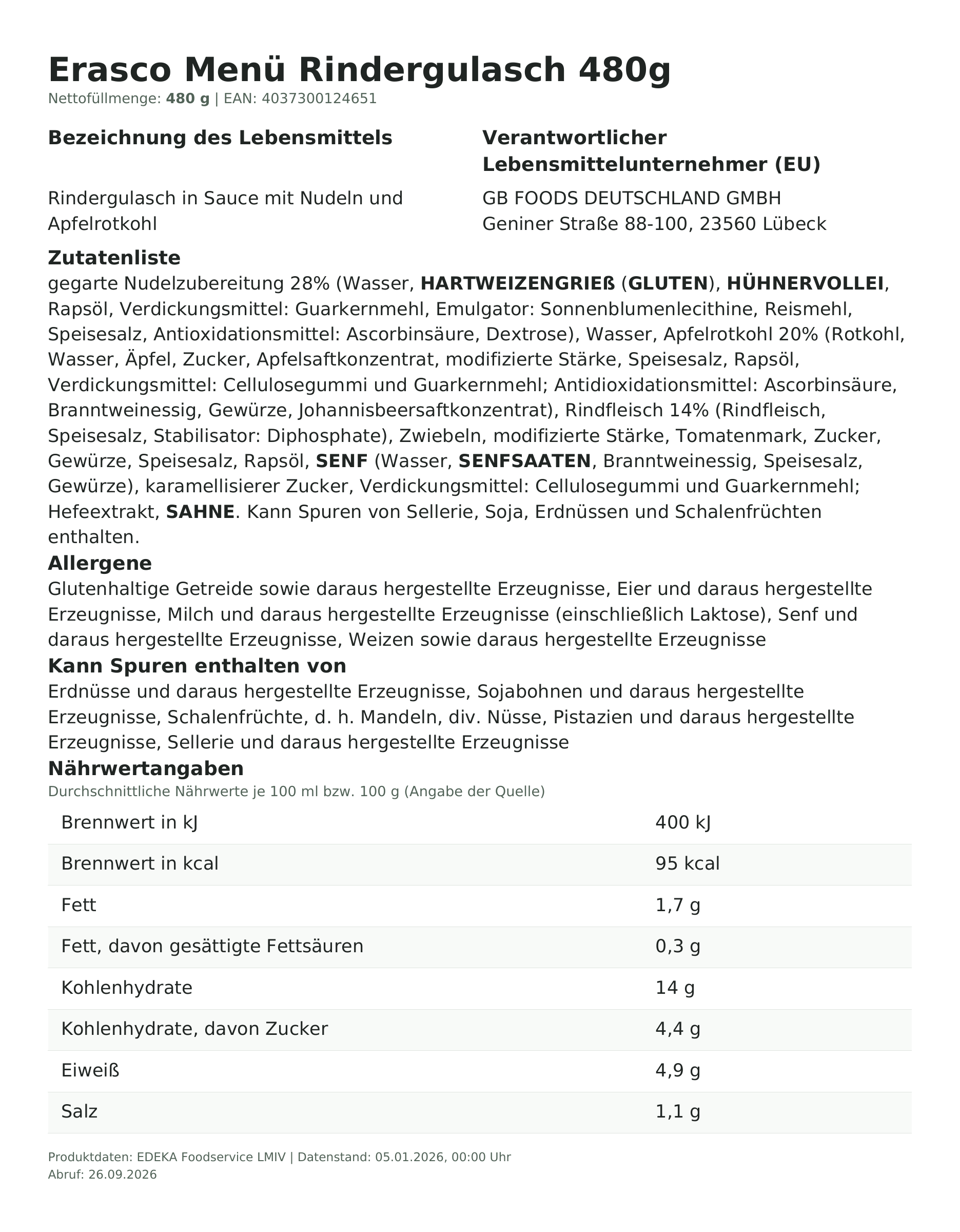 Erasco Menü Rindergulasch 480g – Lebensmittelangaben
