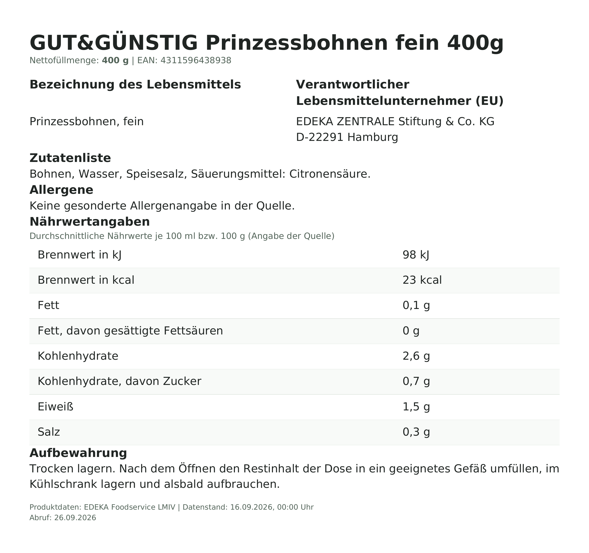 Lebensmittelinformationen: GUT&GÜNSTIG Prinzessbohnen fein 400g