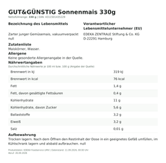 Lebensmittelinformationen: G&G Sonnenmais 330g