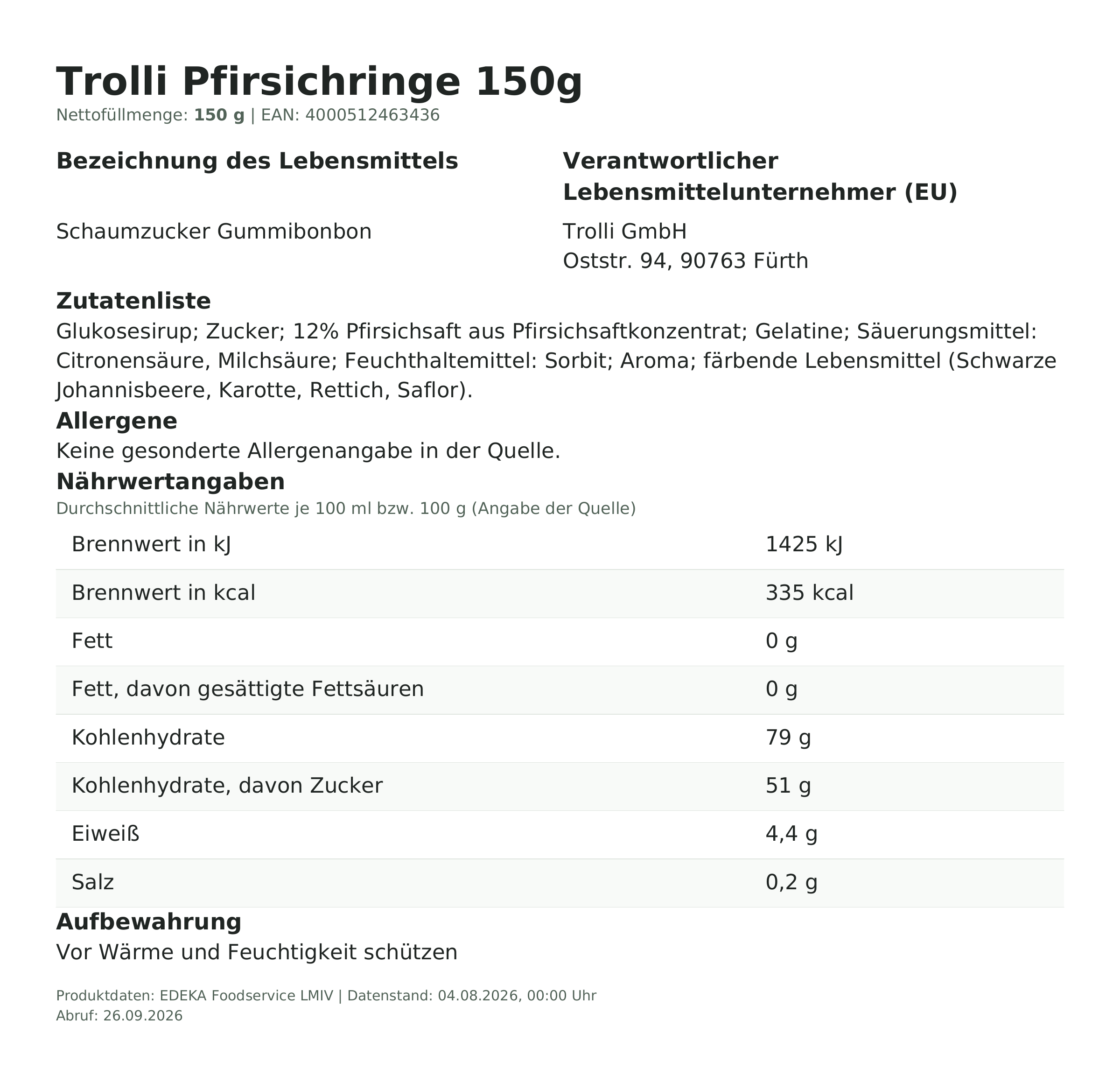 Trolli Pfirsichringe 150g – Lebensmittelangaben