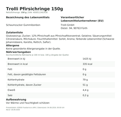 Trolli Pfirsichringe 150g – Lebensmittelangaben