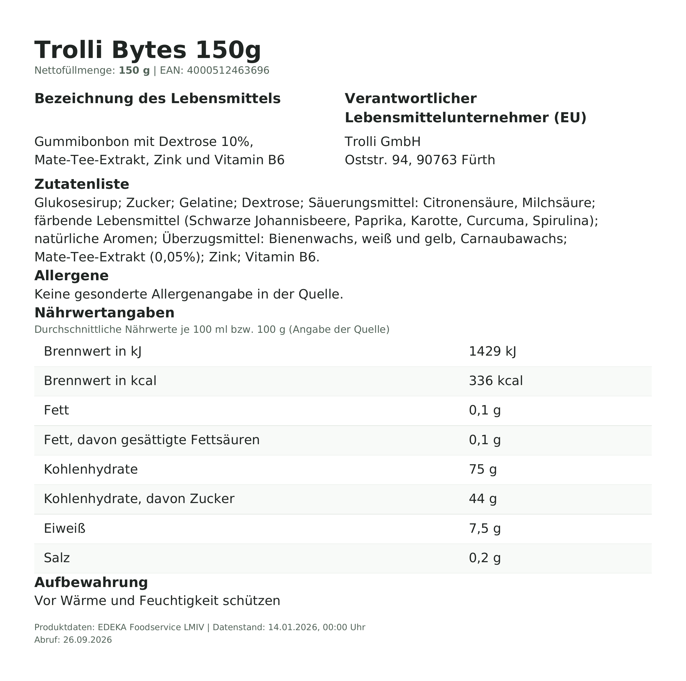 Lebensmittelinformationen: Trolli Btl. Bytes 150g