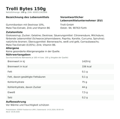 Lebensmittelinformationen: Trolli Btl. Bytes 150g