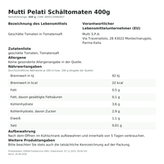 Produktinformationen – Mutti Pelati Schältomaten 400g