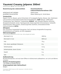 Yaummi Creamy Jalpeno 300ml – Lebensmittelangaben