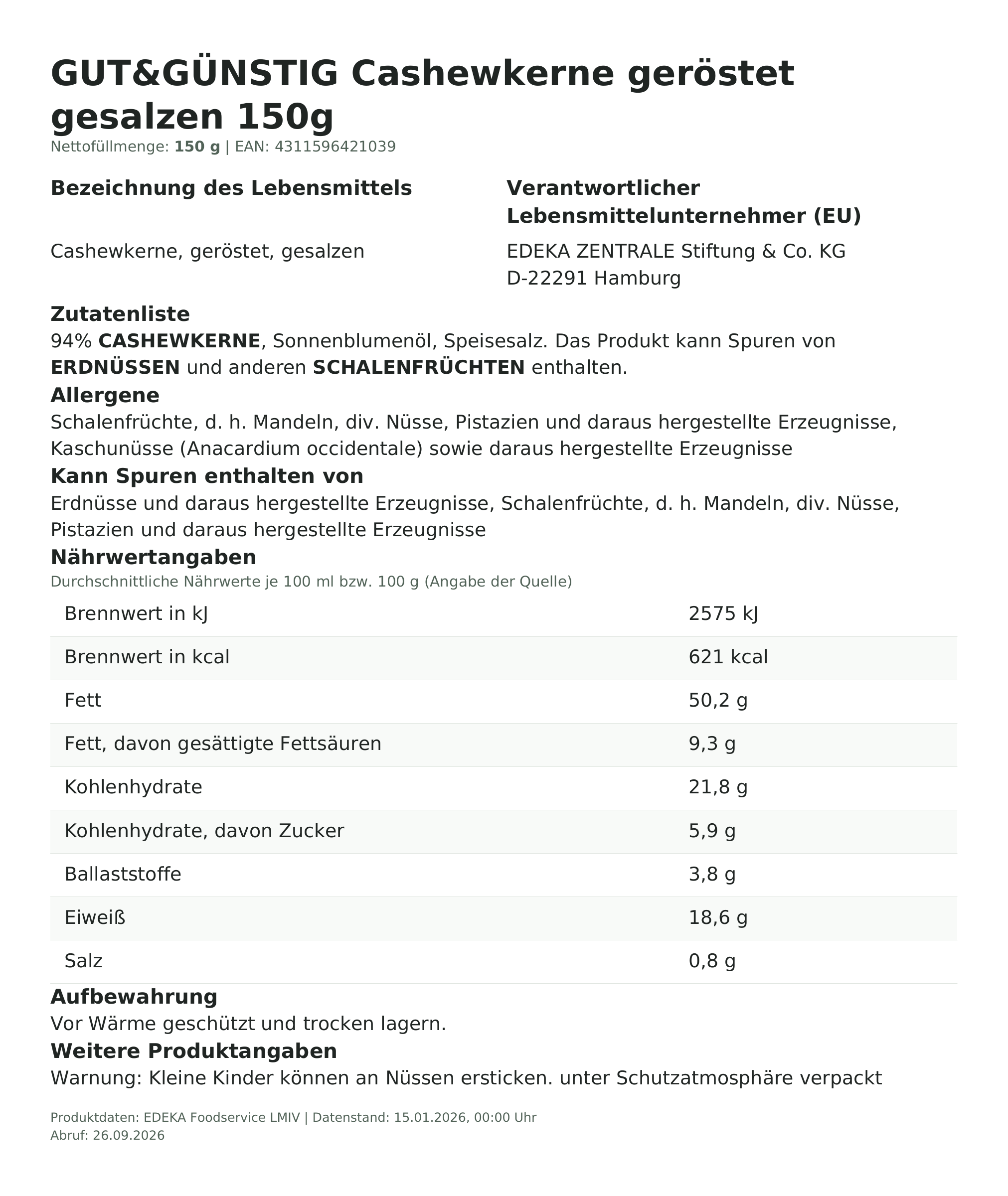 Lebensmittelinformationen: G&G Cashewkerne geröstet & gesalzen 150g