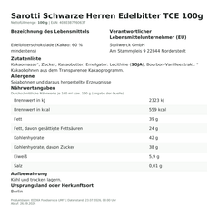 Produktinformationen – Sarotti Schwarze Herren Edelbitter TCE 100g