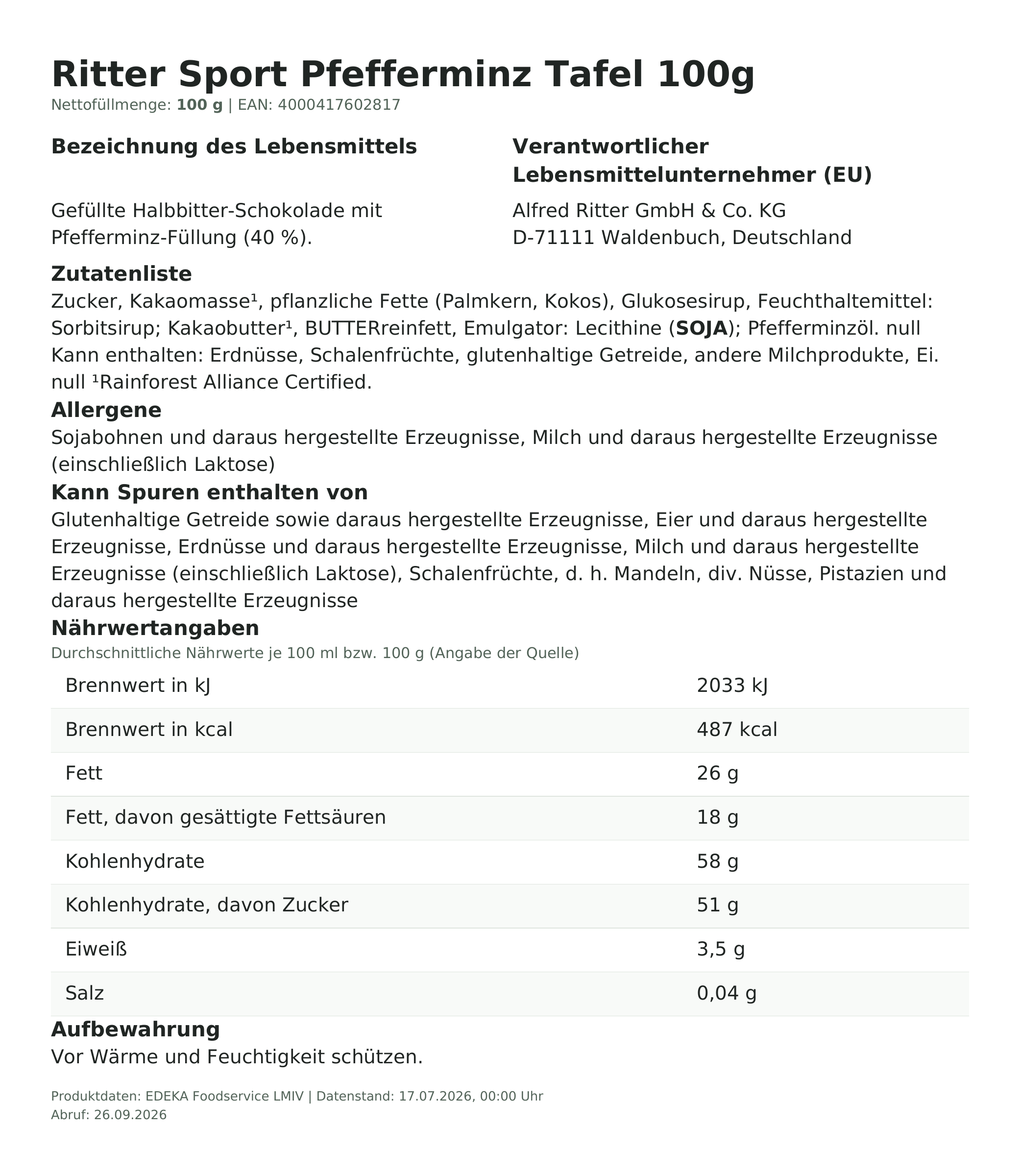 Lebensmittelinformationen: Ritter Sport 100g Pfefferminz