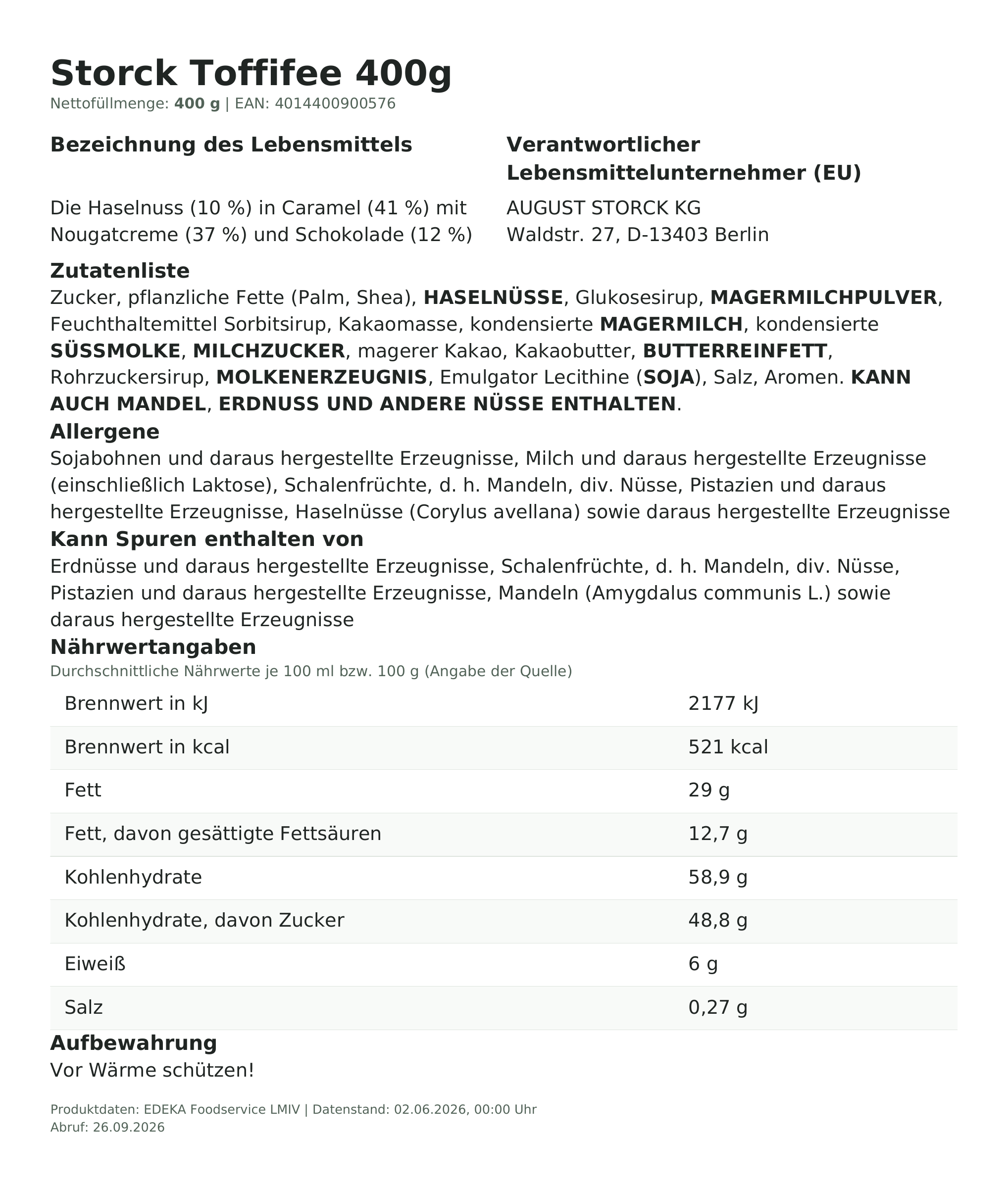 Lebensmittelinformationen: Toffifee 48er 400g