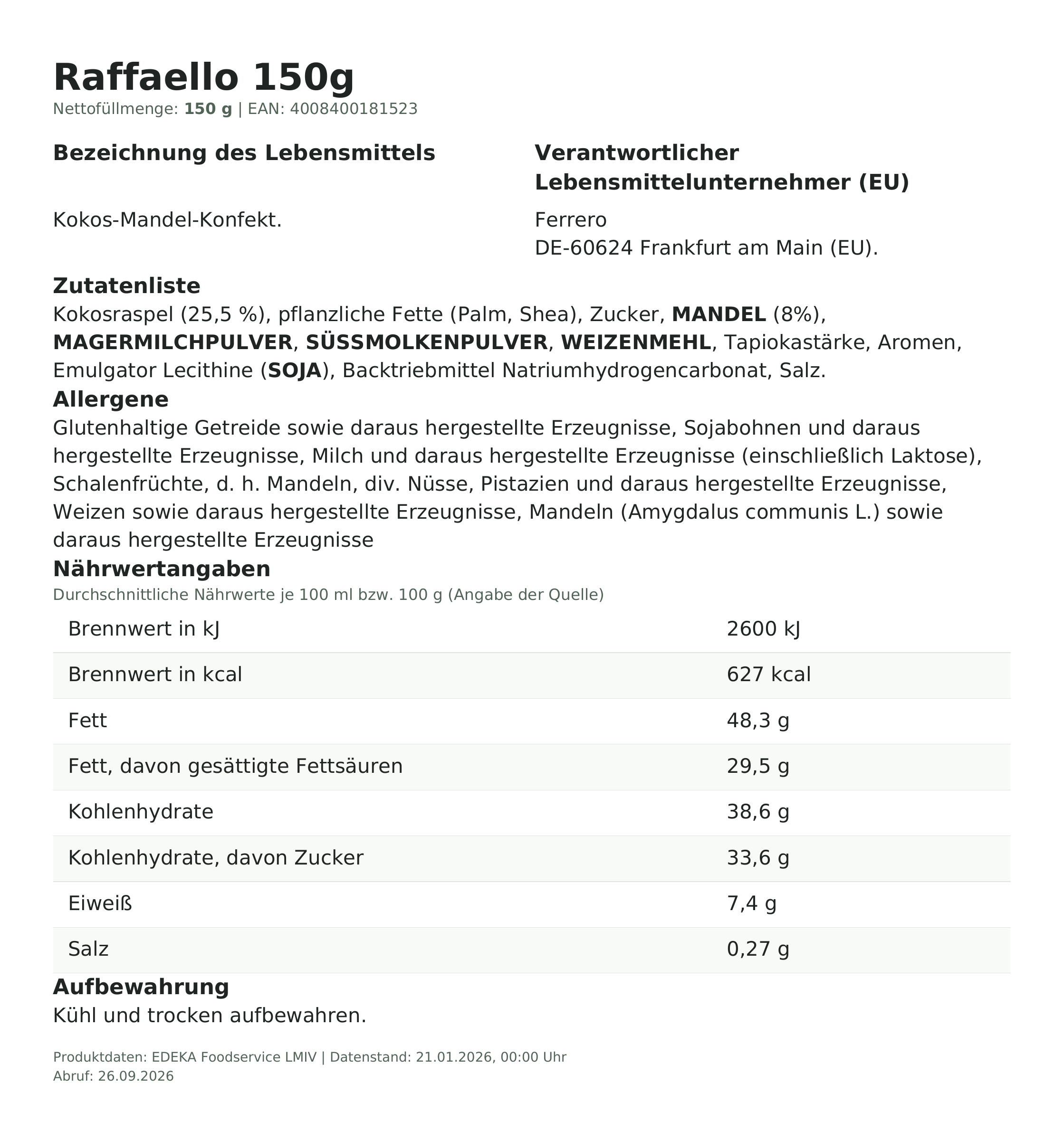 Lebensmittelinformationen: Ferrero Raffaello 15er 150g